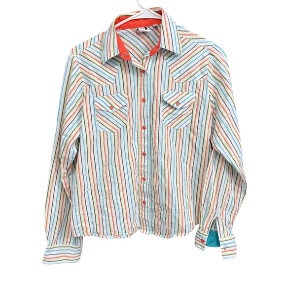 Vintage Rockies Button Down Shirt Womens L Striped Western Orange Green Blue - Picture 1 of 8
